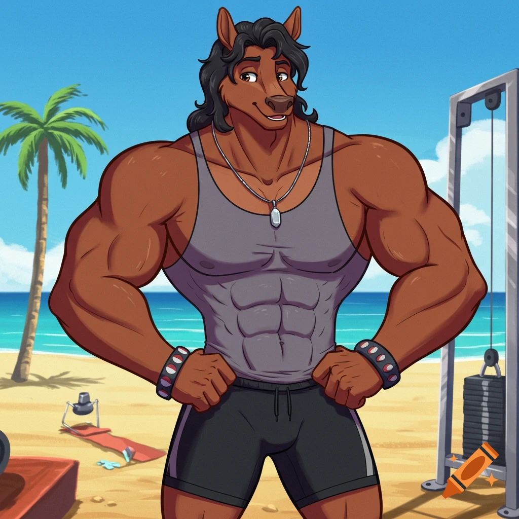 A muscular anthropomorphic brown stallion with black hair, wearing a gray tank top and shorts, smiles at a beach gym. Cartoon style.