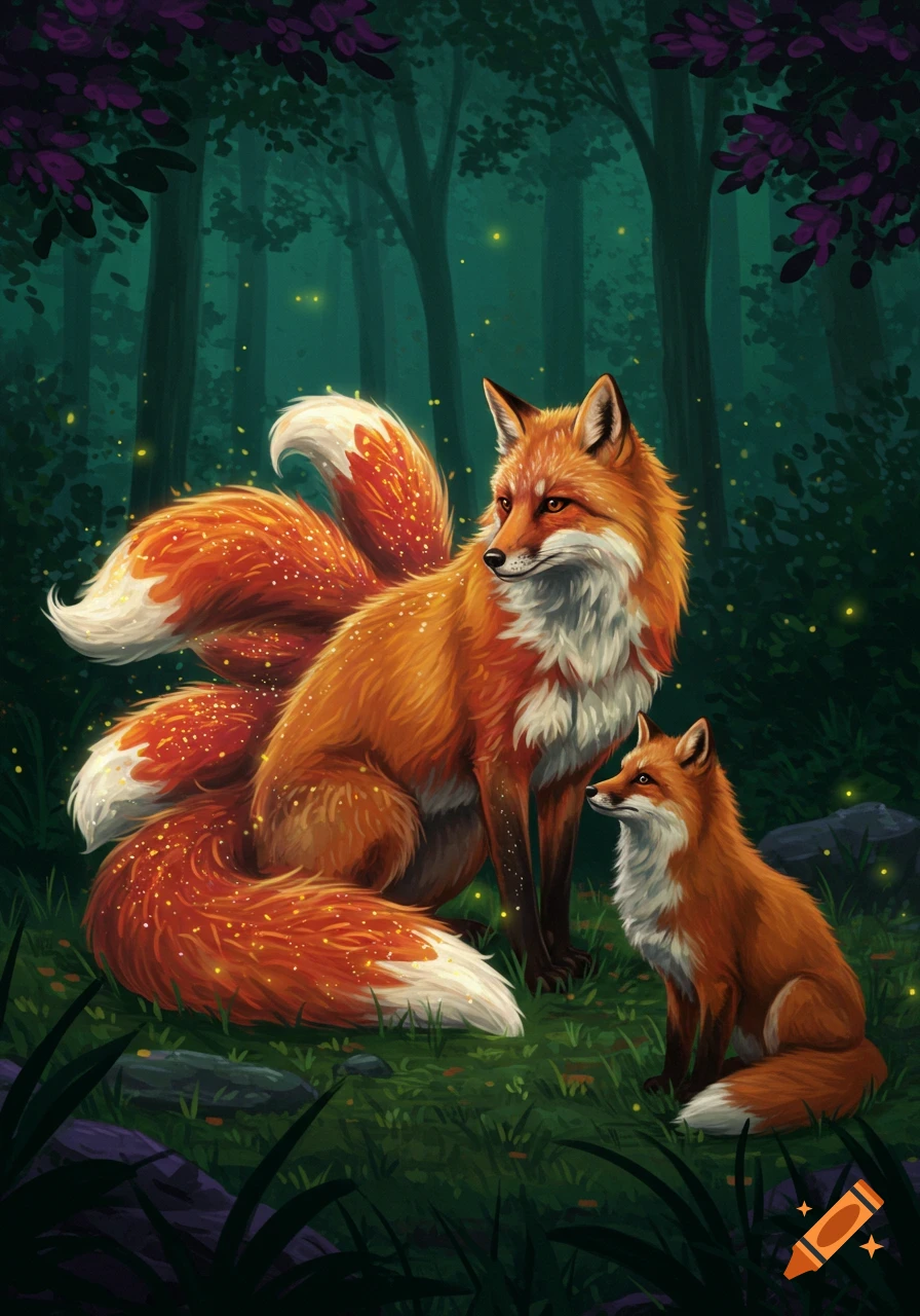 An illustrated kitsune with a smaller fox in a magical, dark forest with glowing fireflies.