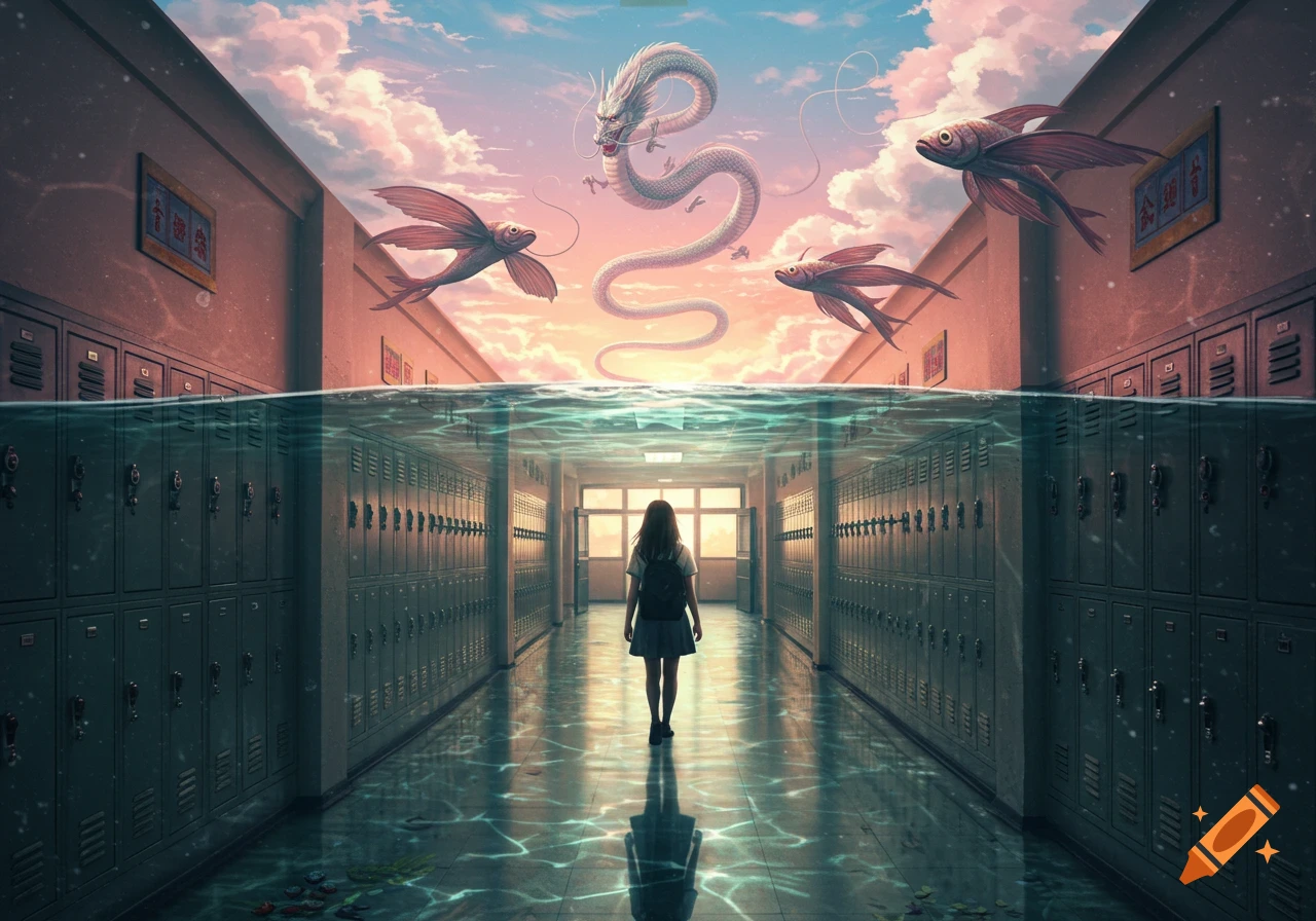 A surreal image of a girl walking down a school hallway where the floor is water, the ceiling is a pink sky, flying fish, and a white dragon hover.