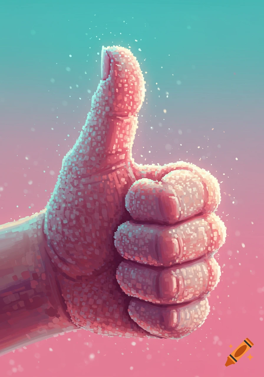 A stylized pixel art hand giving a thumbs-up against a teal and pink gradient background.