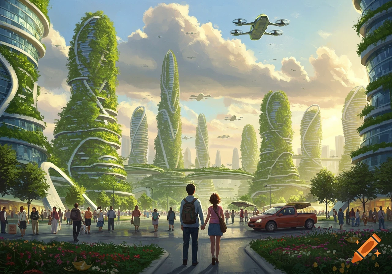 Oil painting of a futuristic eco-city with plant-covered skyscrapers, flying drones, and a couple holding hands in the foreground.