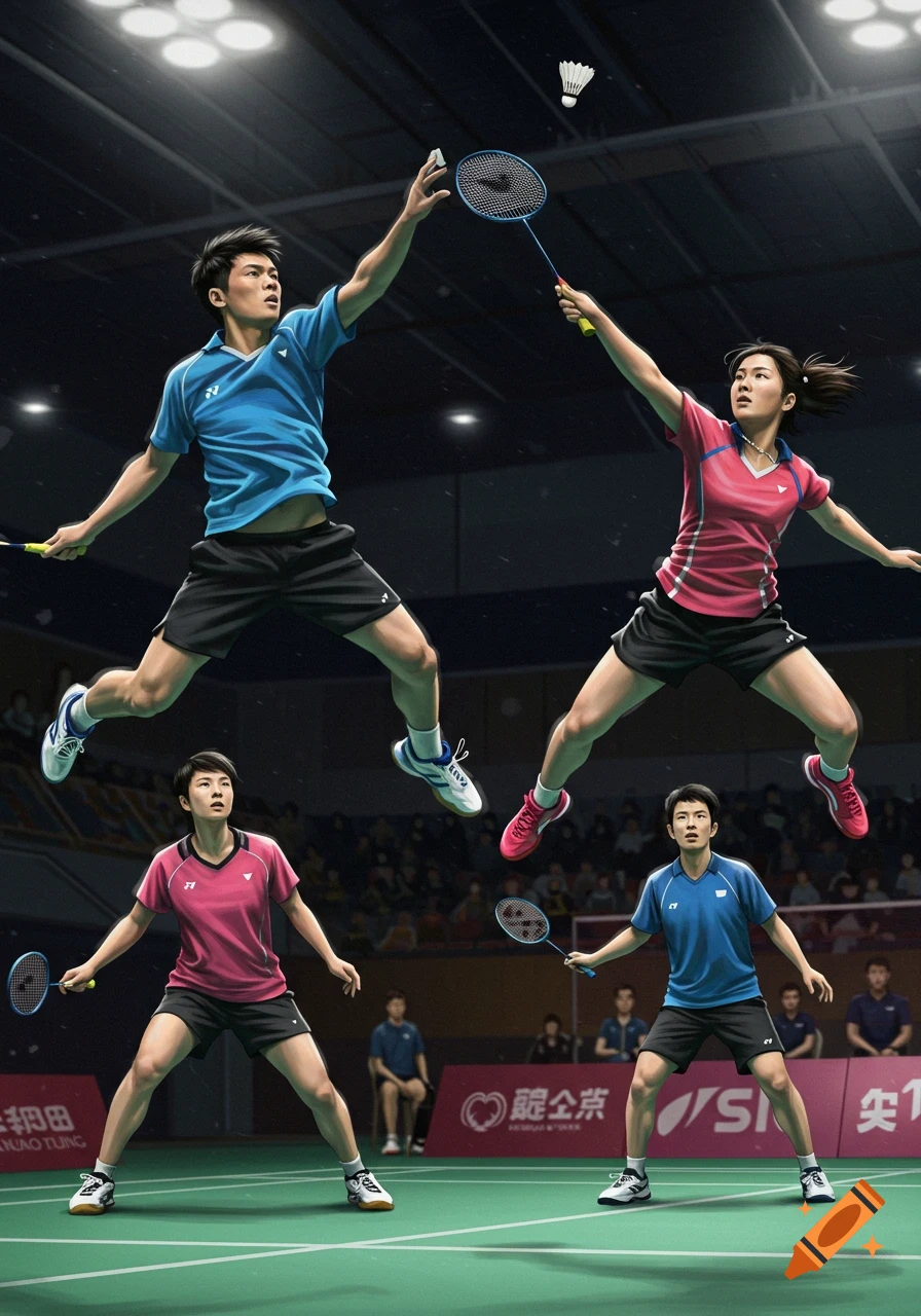 Four badminton players, two in mid-air, compete on a green court in a brightly lit arena, stylized action shot.