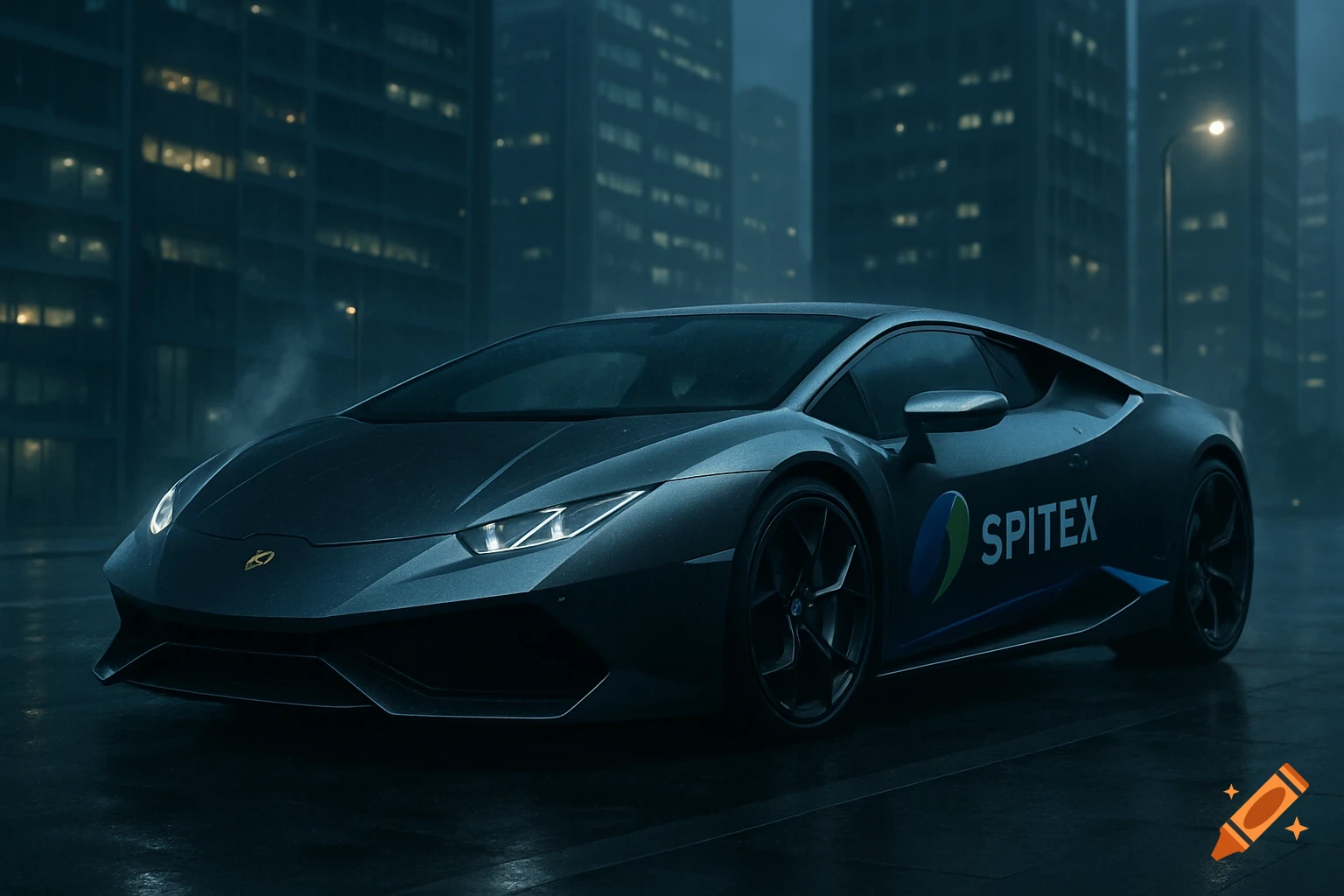 A dark grey Lamborghini with a 'SPITEX' logo on its side, parked on a wet city street at night with illuminated buildings.