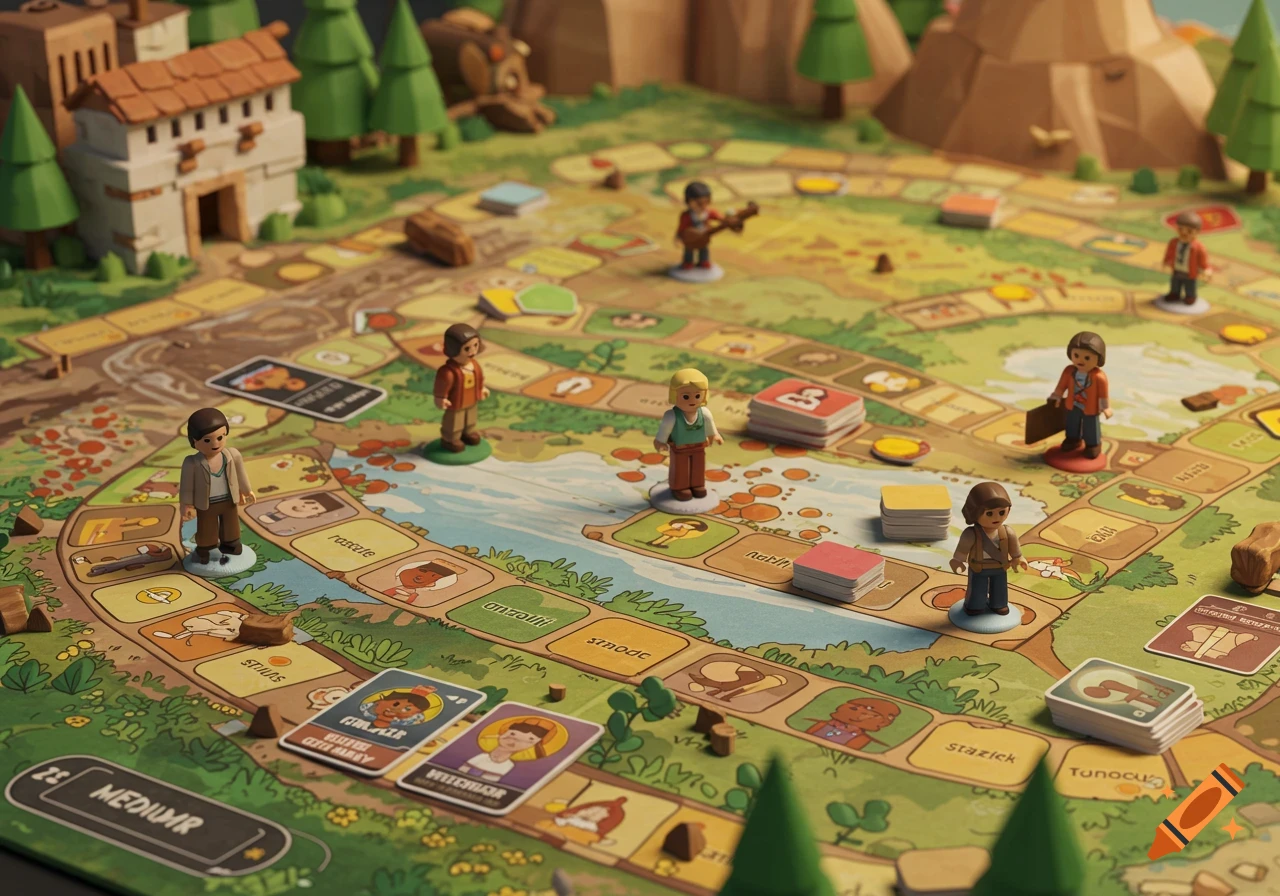 Close-up of a stylized board game featuring small figurines, cards with blurry text, and a detailed game board with paths, river, trees, and a small house.