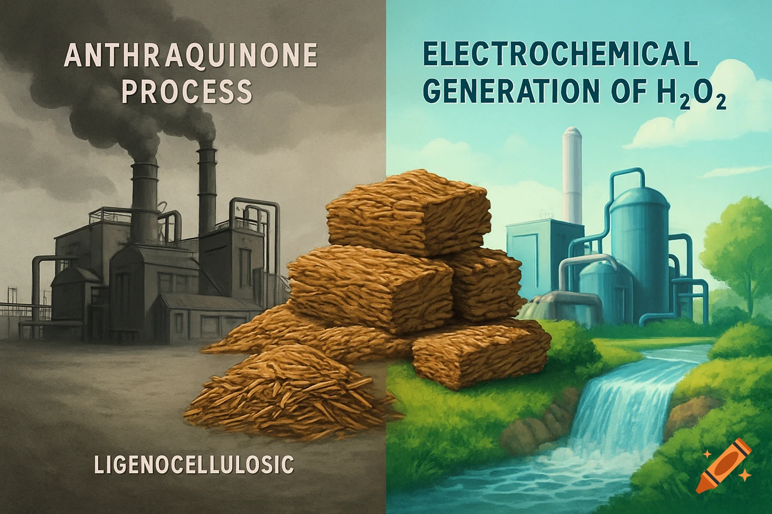 Split image comparing industrial processes: left, a polluting factory with dark smoke; right, a clean plant with a waterfall. Piles of lignocellulosic material are in the foreground.