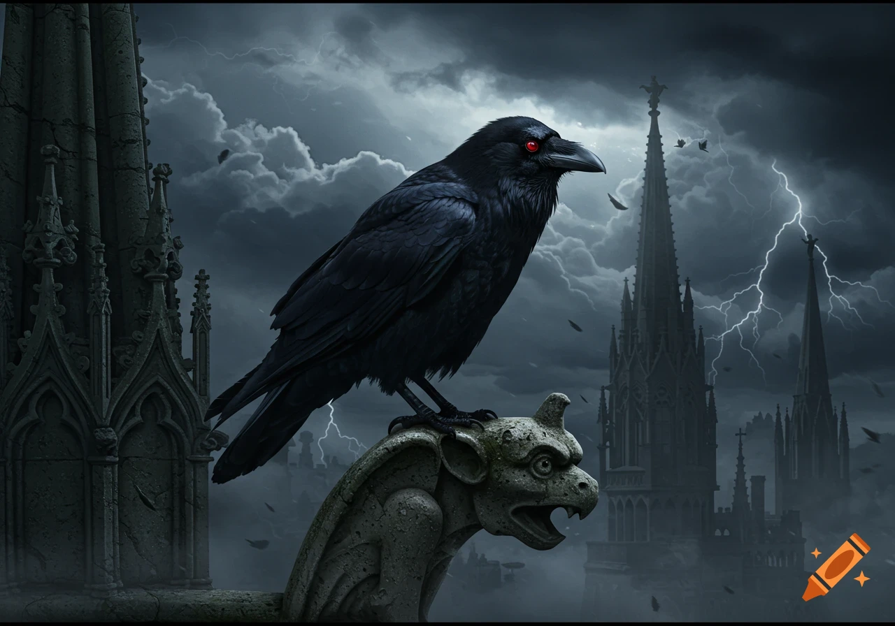 A black raven with red eyes perches on a stone gargoyle, with gothic spires and lightning in a stormy sky.