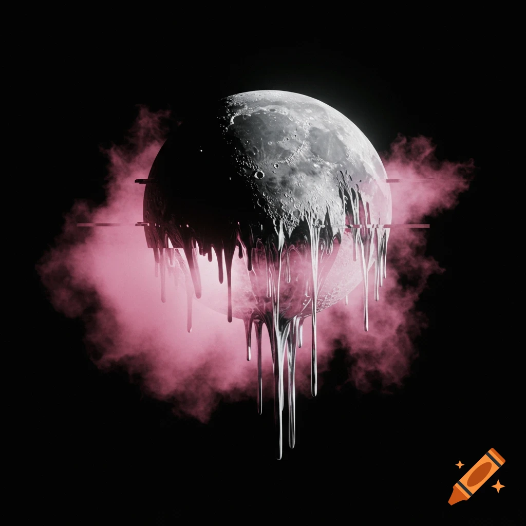 A melting, distorted moon surrounded by pink fog and glitch effects against a black background in a retro dark fantasy style.