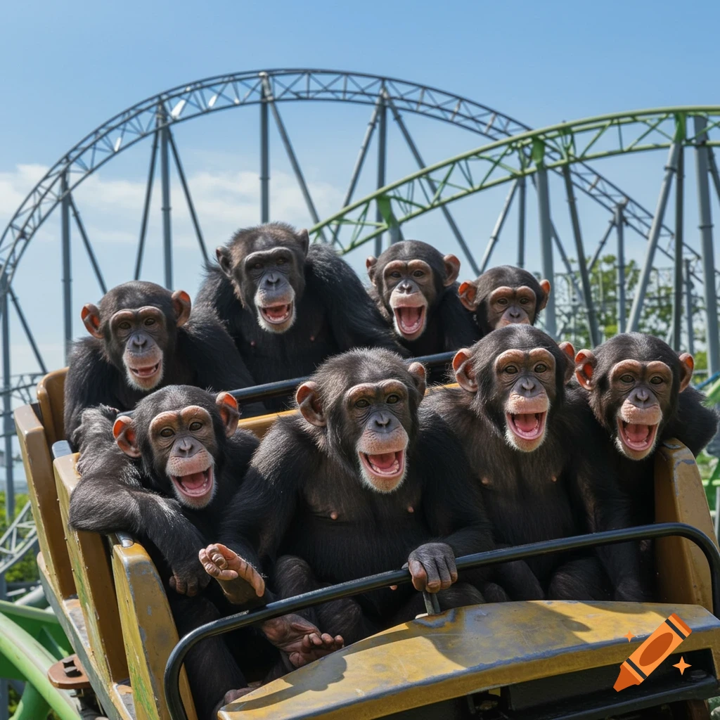 A troop of chimpanzees with open mouths riding a rollercoaster under a blue sky.