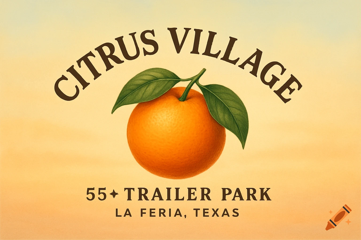 Vintage-style logo for 'Citrus Village' with an orange, leaves, and text '55+ TRAILER PARK LA FERIA, TEXAS' on a warm background.