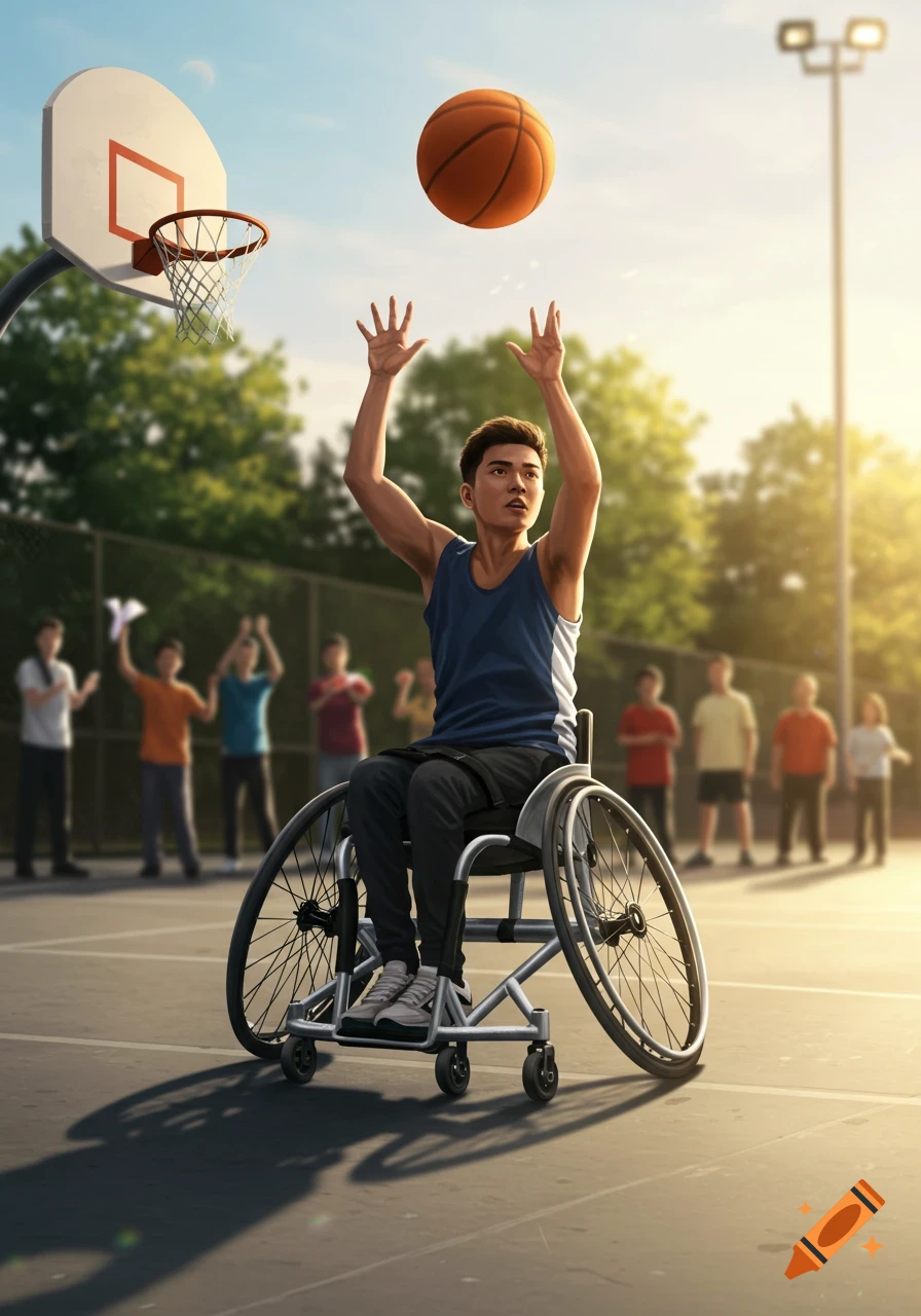 A young man in a wheelchair shoots a basketball on an outdoor court, with blurred spectators in the background. Photorealistic style.
