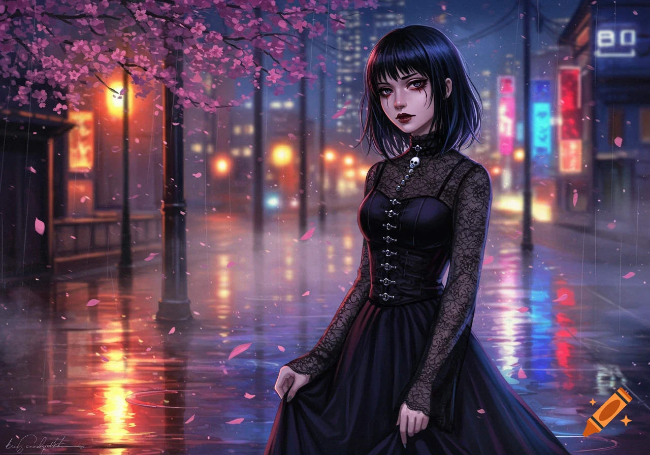 An anime-style goth girl with short black hair and dark makeup stands on a wet city street at night, with cherry blossoms and neon lights reflected in puddles.