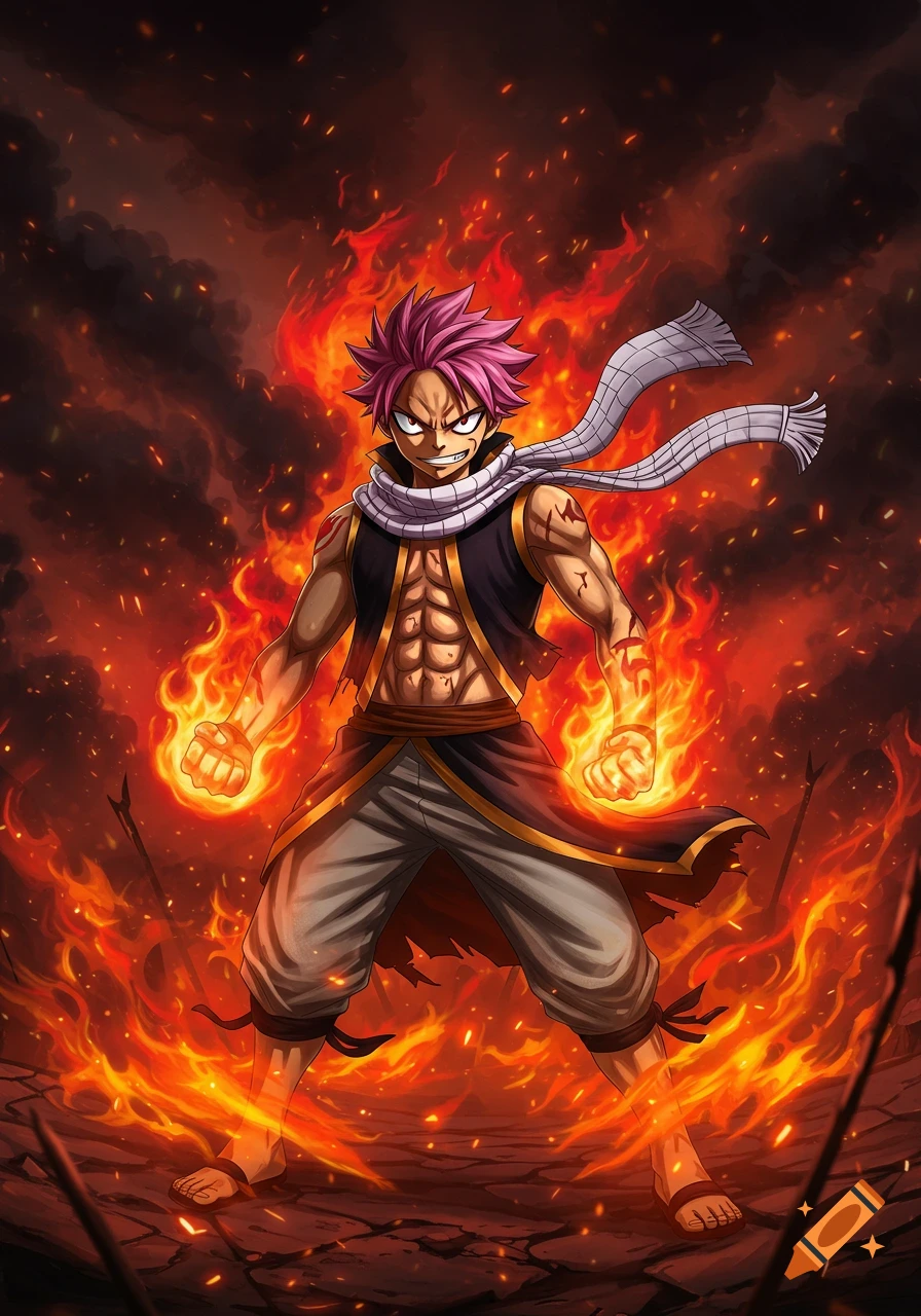 Anime illustration of Natsu Dragneel with pink spiky hair and bare torso, surrounded by intense orange and red flames.