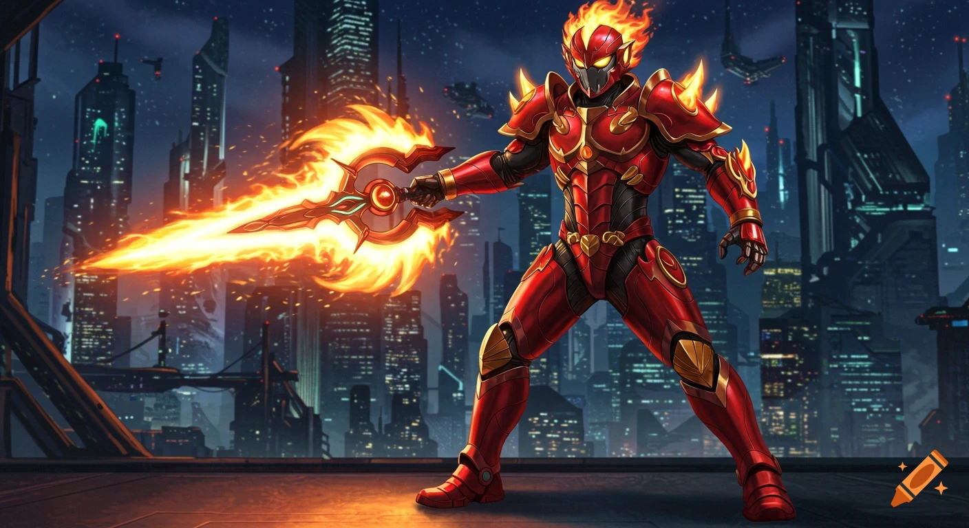 A red armored hero with a flaming lion helmet holds a glowing fiery saber on a rooftop against a futuristic city at night.