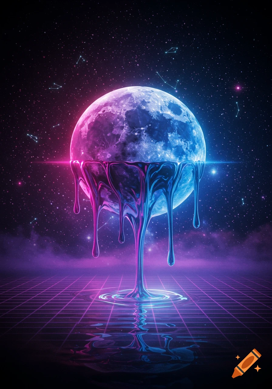 A vibrant abstract image of a moon melting into neon pink and blue liquid, dripping onto a retro purple grid floor in space.
