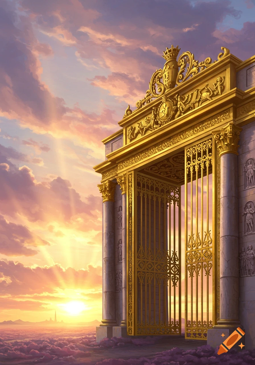 Ornate golden gates stand on a stone platform above clouds, bathed in the light of a vibrant sunset sky.