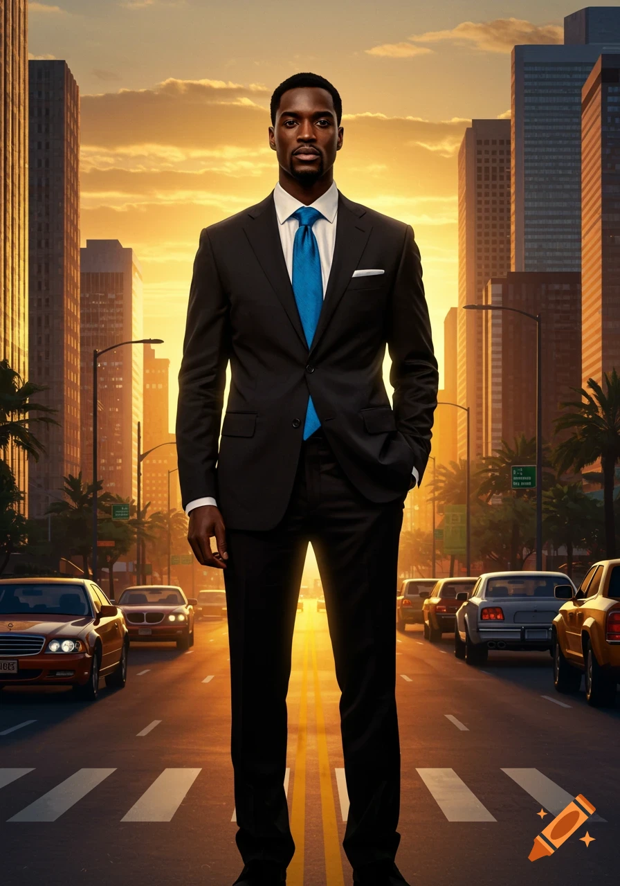 A man in a black suit and blue tie stands in a city street at sunset with skyscrapers.
