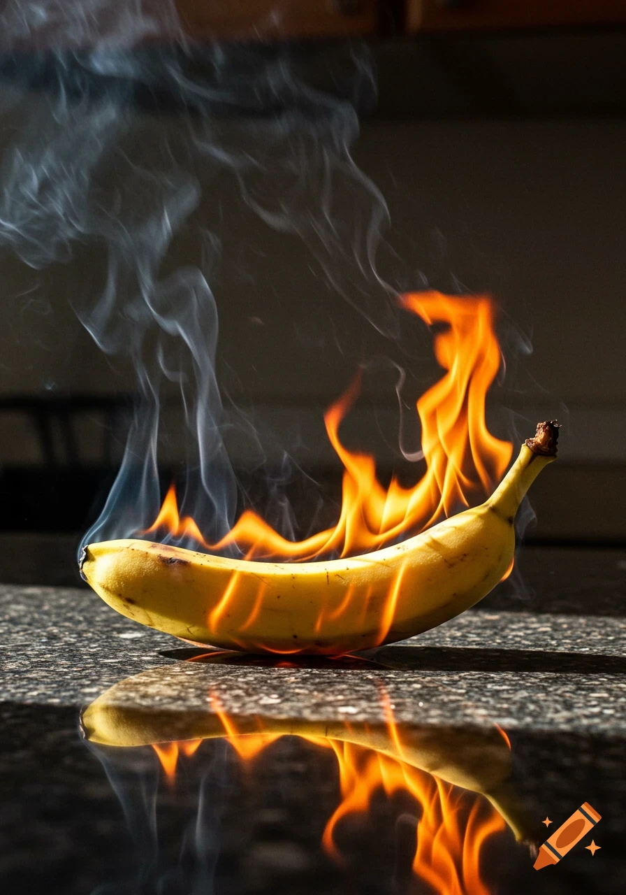 A bright yellow banana lies horizontally on a dark reflective surface, engulfed in orange flames and rising white smoke.