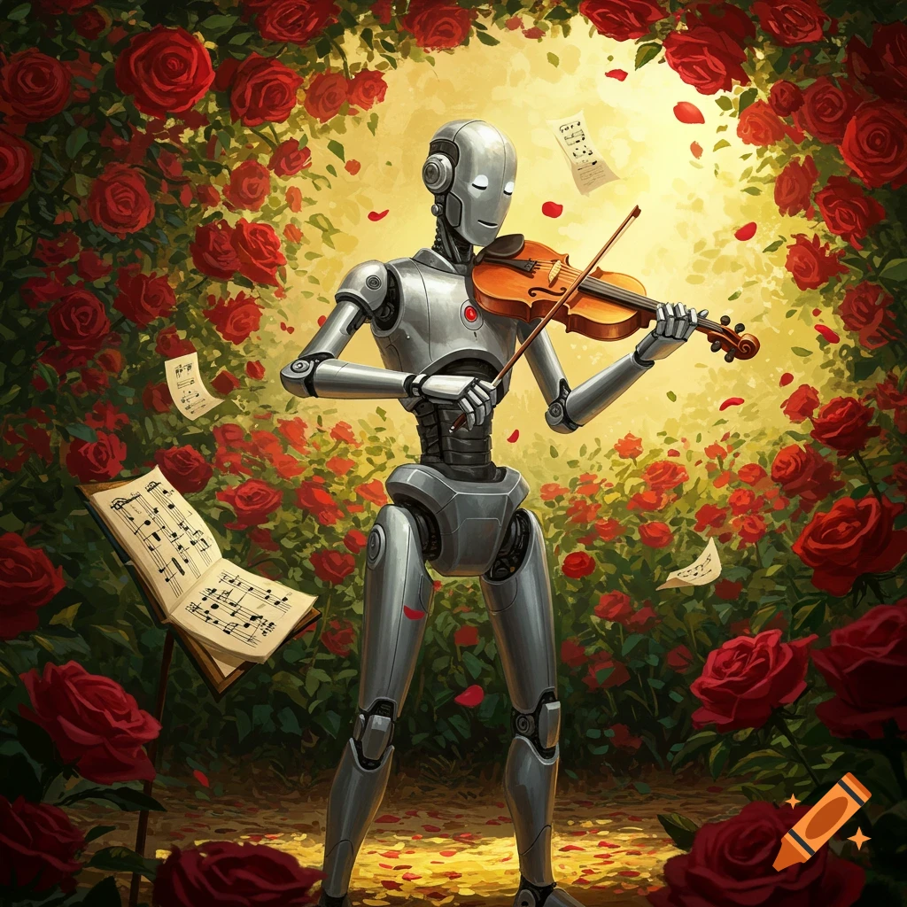 A metallic robot plays a violin amidst a vibrant red rose garden with floating music notes and petals. Digital art.