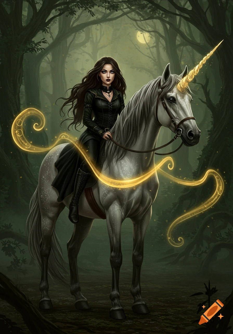 A dark-haired woman in a black outfit rides a white unicorn with a golden horn, surrounded by glowing magic in a moonlit forest.