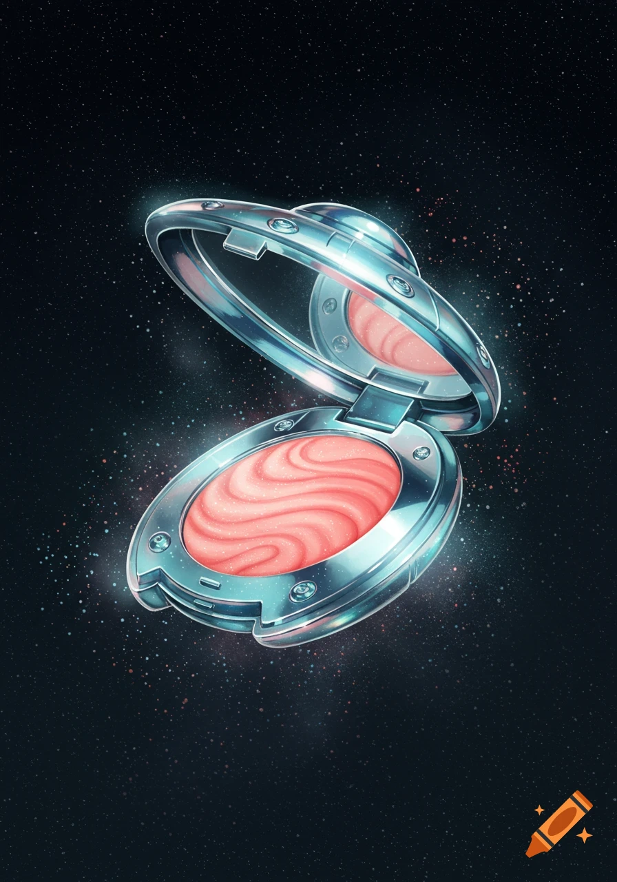 Metallic UFO-shaped blush compact with pink swirled blush, floating in a dark starry space, illustrated.