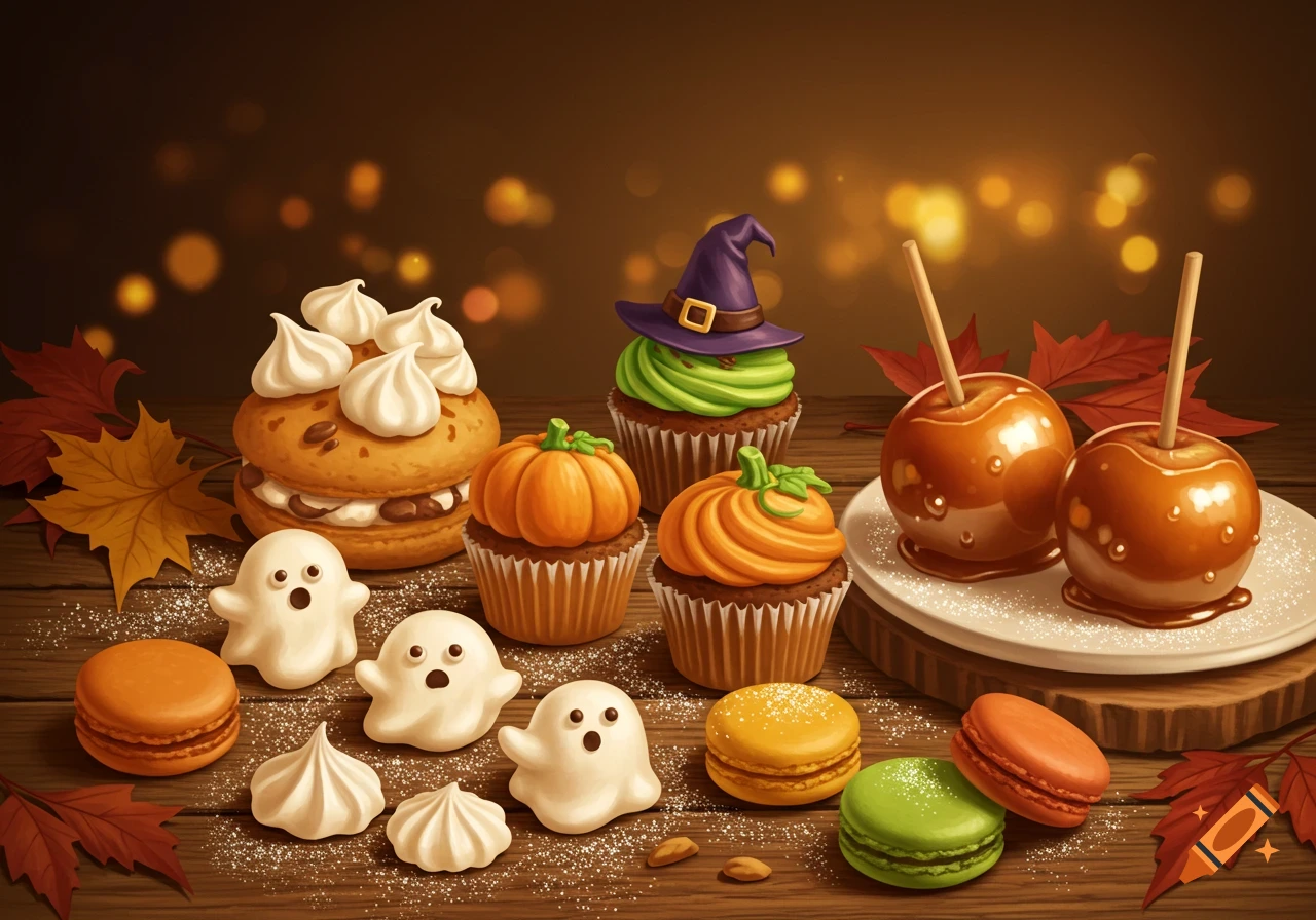 Halloween desserts including pumpkin cupcakes, ghost meringues, macarons, and caramel apples on a wooden table with fall leaves.