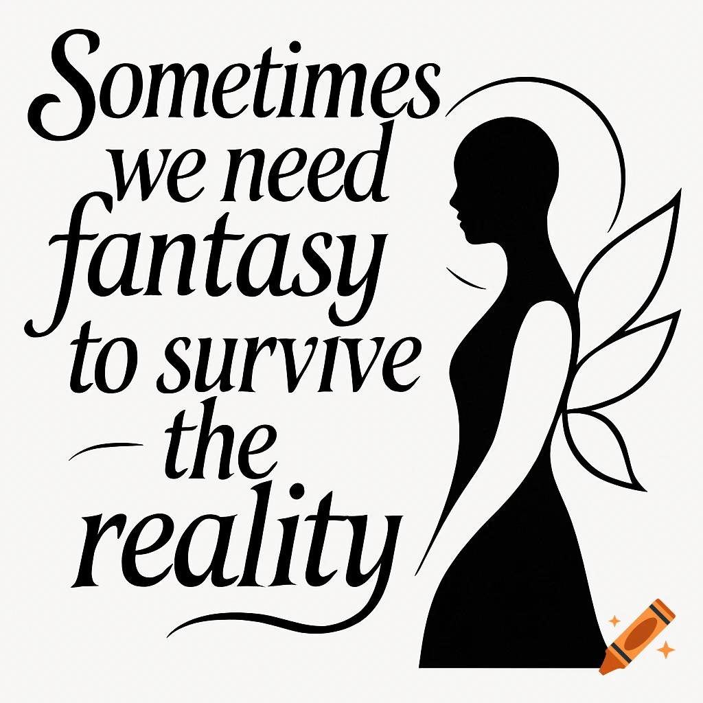 Black and white vector illustration of a woman silhouette with wings next to the quote 'Sometimes we need fantasy to survive the reality'.
