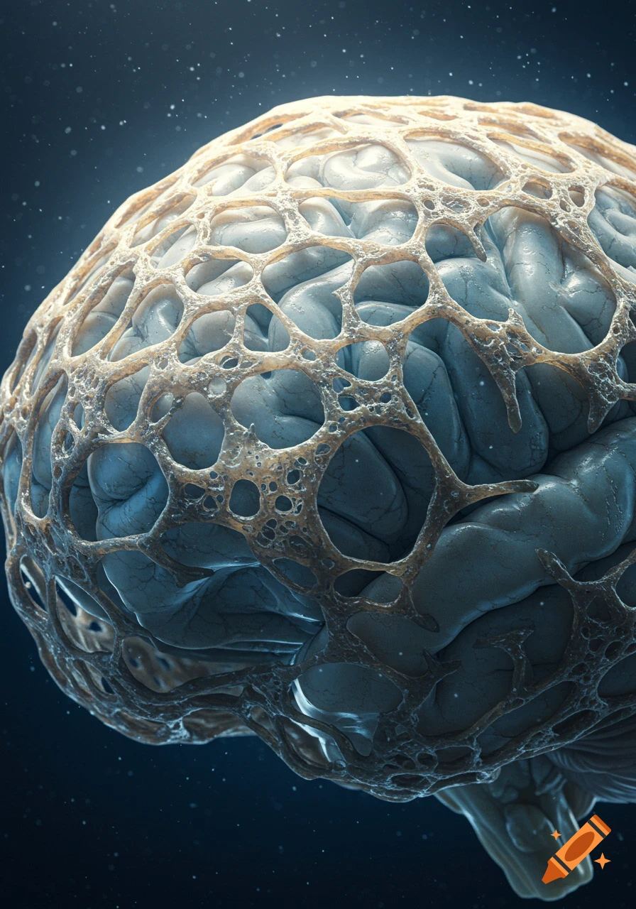 Detailed render of a human brain covered by an intricate, porous, bone-like layer against a dark, ethereal background.