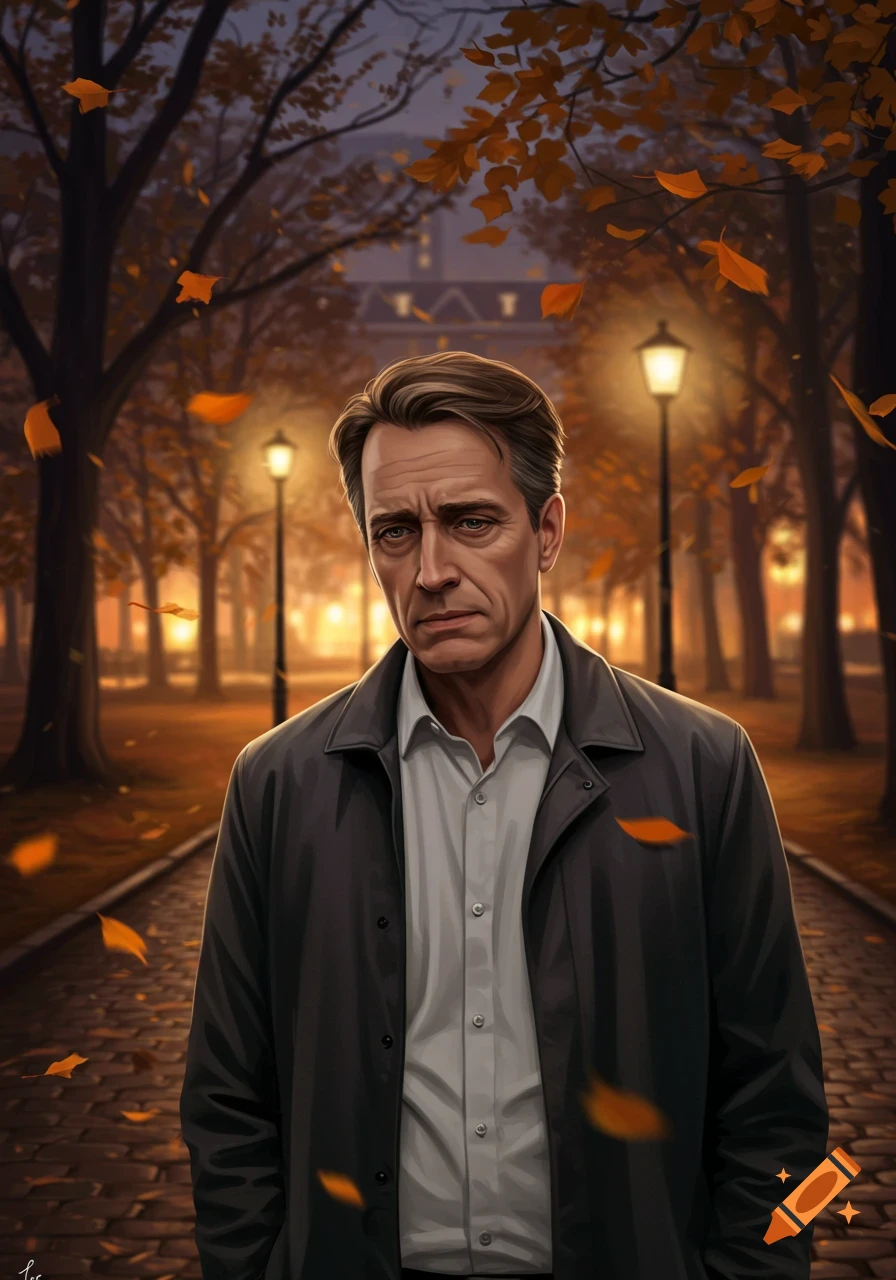 Digital painting of a serious man in a dark jacket in an autumn park with falling leaves and glowing streetlights at dusk.