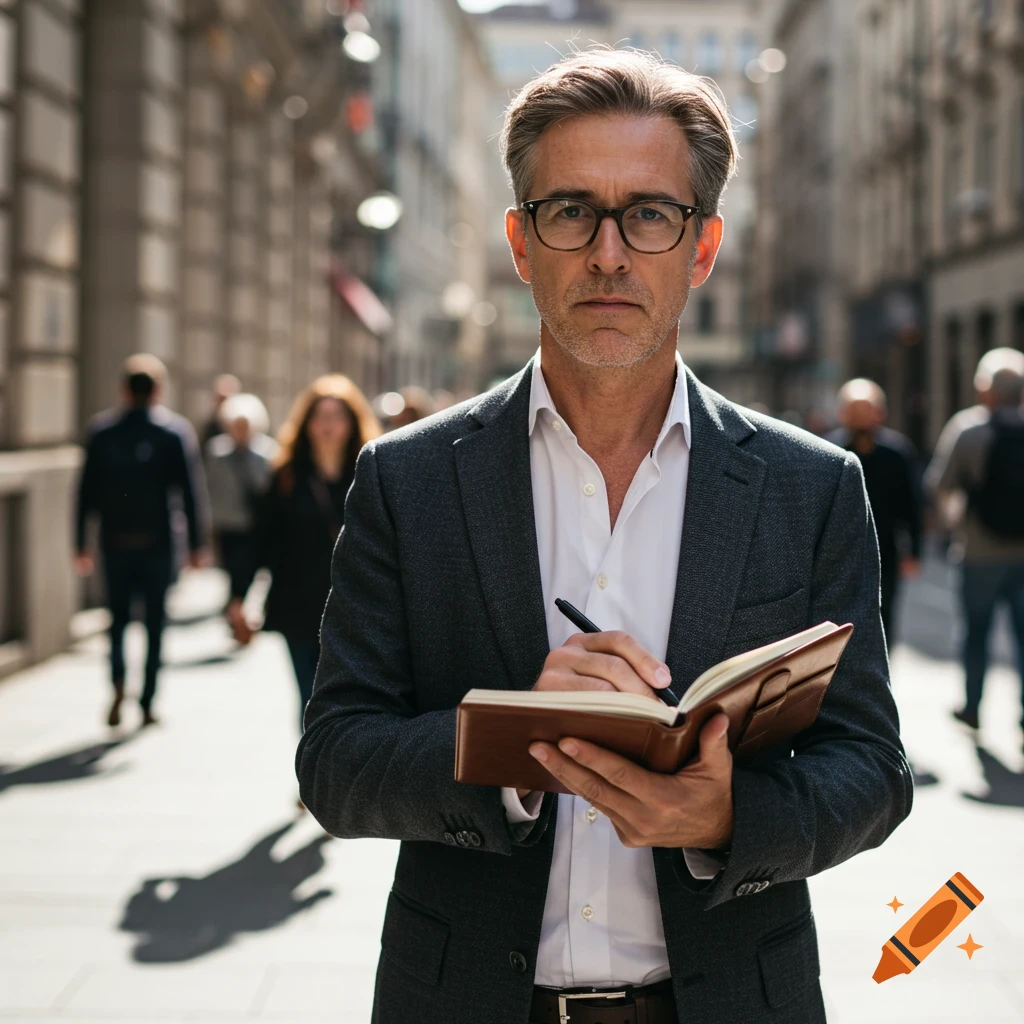 A man in a suit and glasses writes in a notebook on a sunny city street.