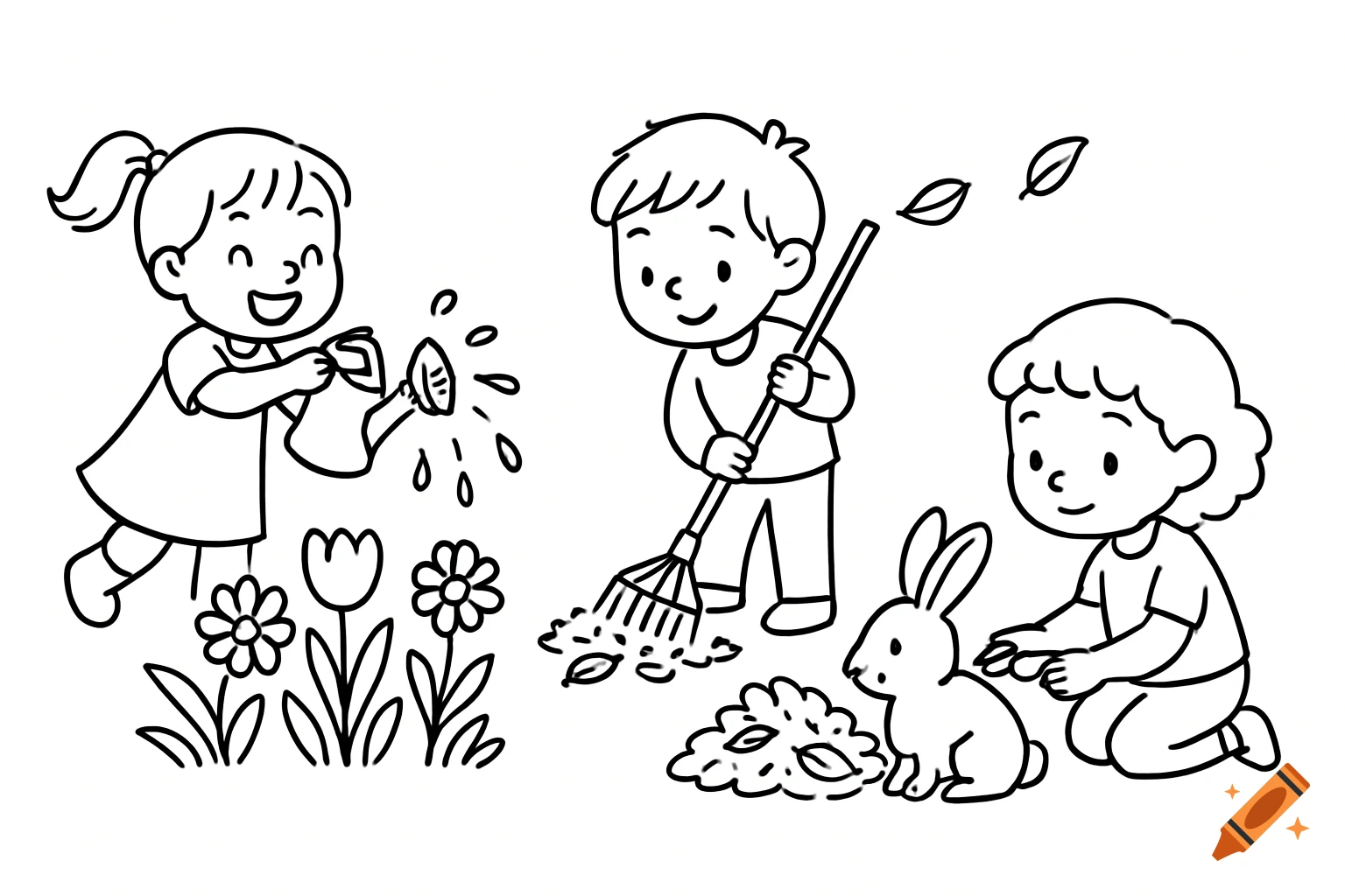 Black and white cartoon line drawing of children gardening. One girl waters flowers, a boy rakes leaves, and another child pets a rabbit.