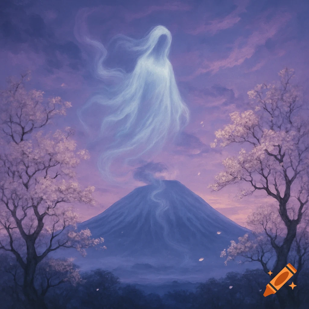 Ethereal white ghost figure floats above a blue volcano with pink cherry blossoms against a purple and pink sky, digital painting.