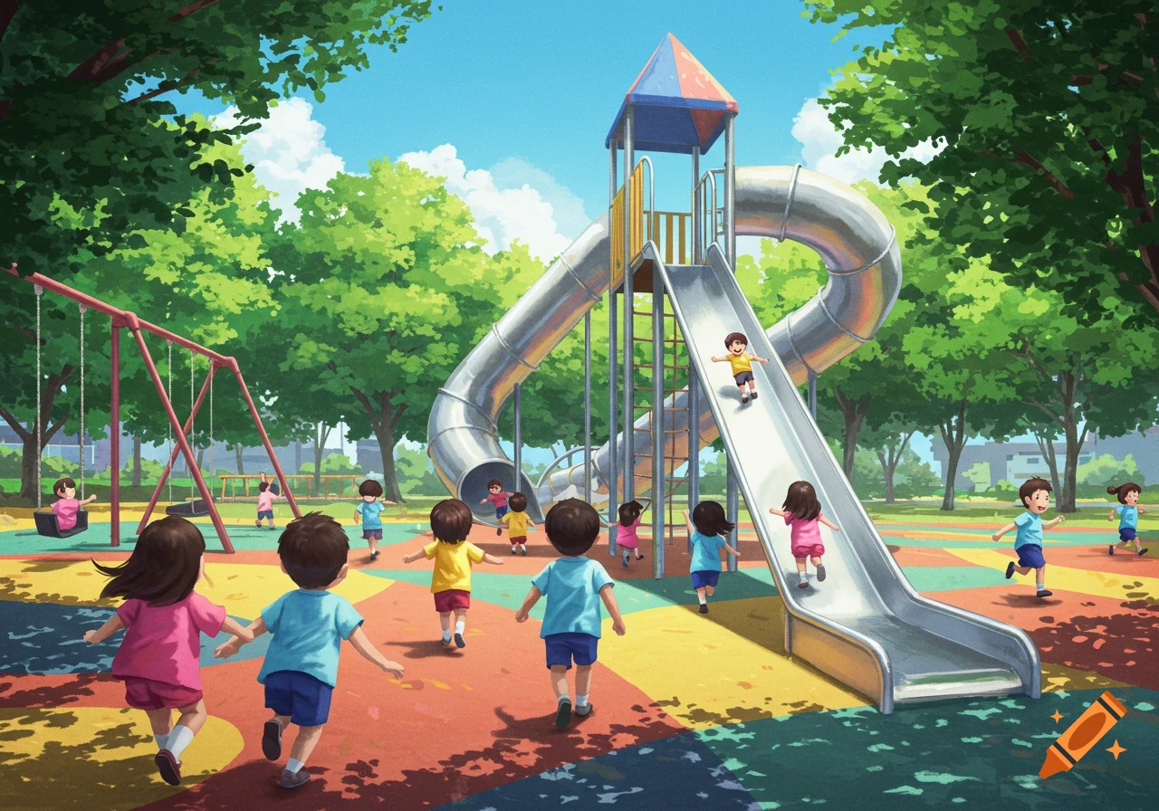 Illustrated scene of children playing on a vibrant playground with a large metal slide and swings.