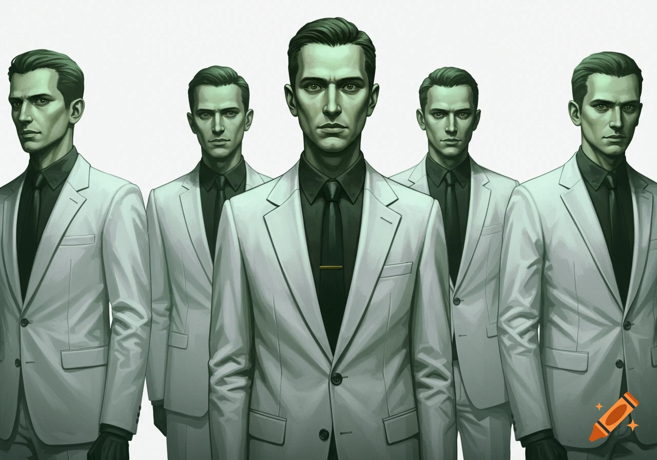 Five stern-faced men in matching white-green suits and black shirts and ties stand against a white background, looking unsettling.