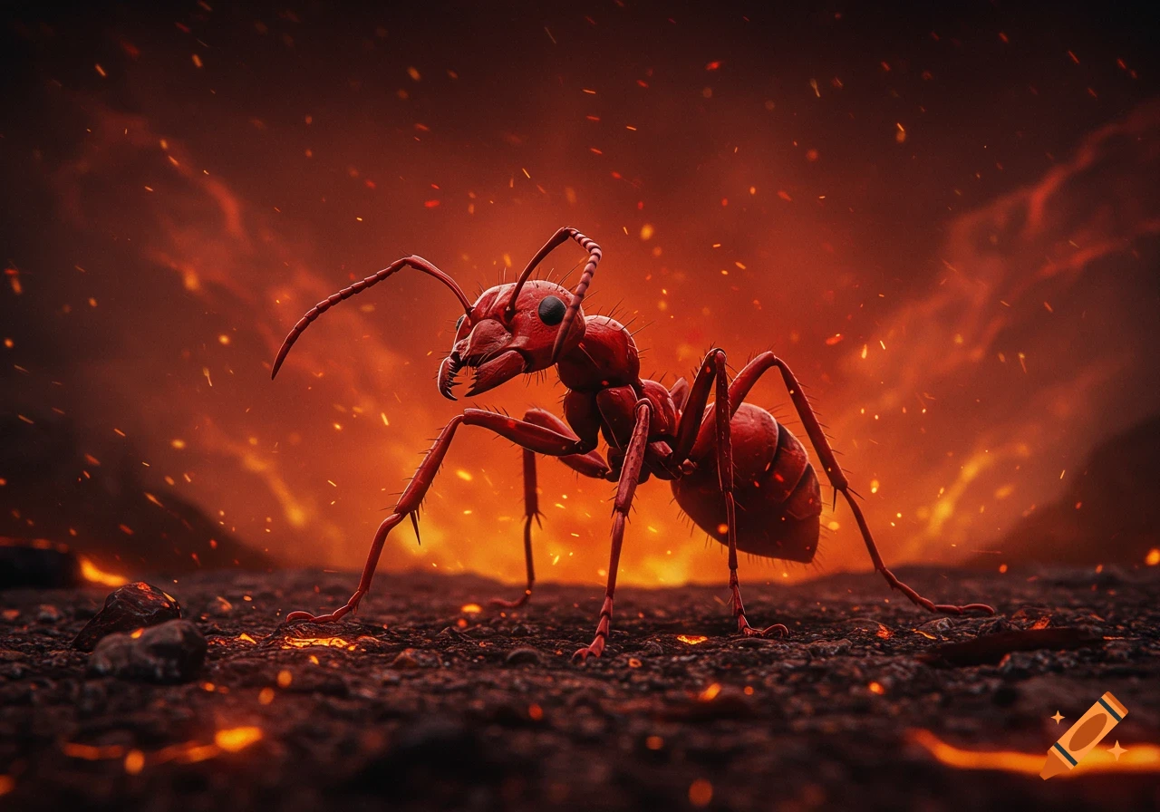 A large, red ant stands on dark, rocky ground with glowing embers, against a fiery orange and red background.