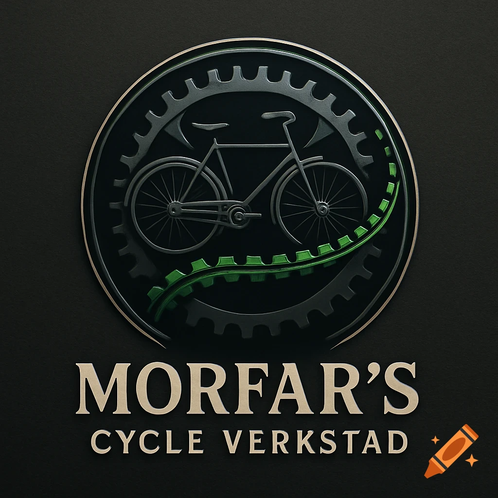 A dark green and black circular logo with a bicycle, gears, and a curved green chain inside. Below, it reads 'MORFAR'S CYCLE VERKSTAD' in cream text.