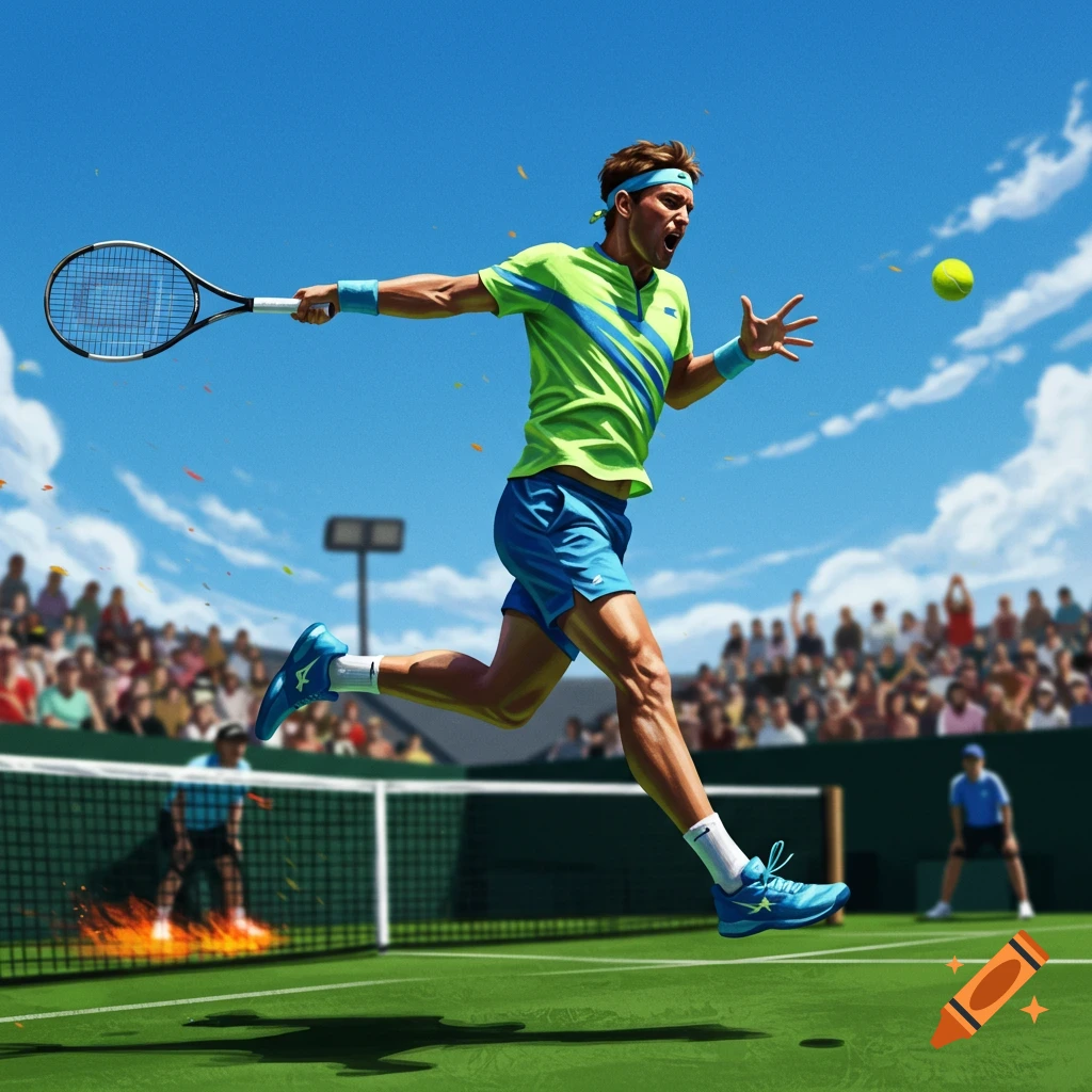 An energetic male tennis player in a neon green shirt leaps to hit a yellow tennis ball with his racket on a sunny court, with spectators in the background.