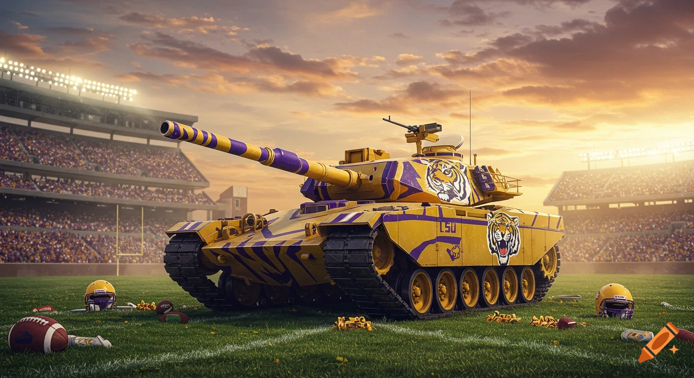 LSU-themed battle tank with tiger mascots and text on a football field, surrounded by football gear at sunset.