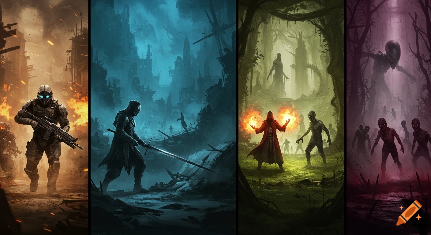 Four fantasy and sci-fi art panels: a futuristic soldier in a burning city, a knight in dark ruins, a wizard with fire spells near zombies, and an alien and zombies in a misty forest.