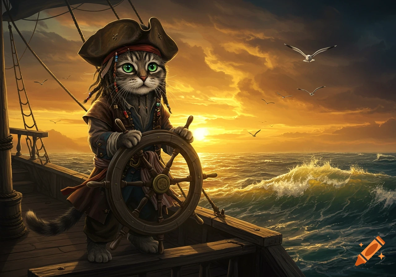 A cat dressed as a pirate stands at a ship's wheel on a turbulent sea at sunset, with seagulls in the sky. Digital art.