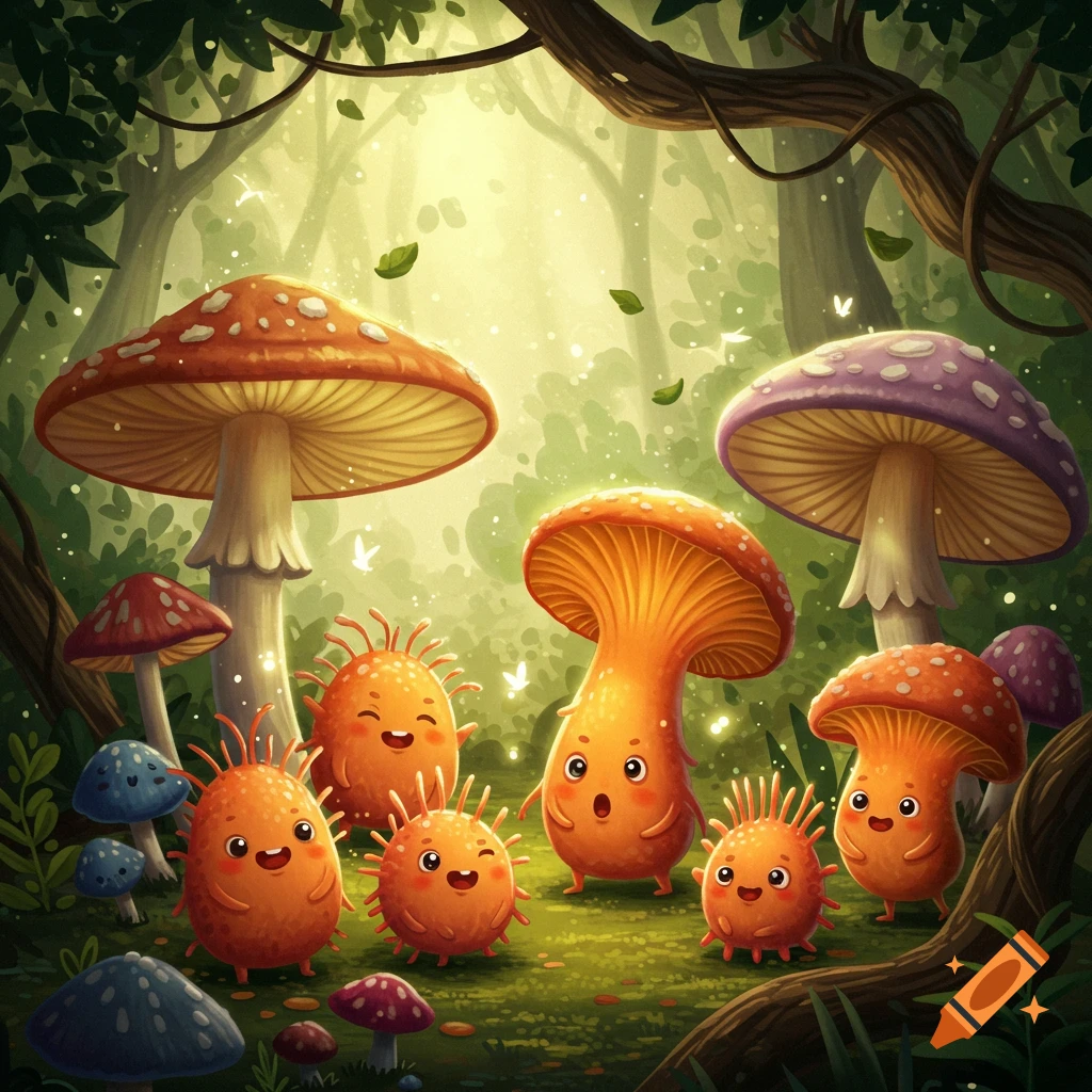 Whimsical cartoon illustration of smiling, anthropomorphic fungi and mushrooms in a magical, sunlit forest.