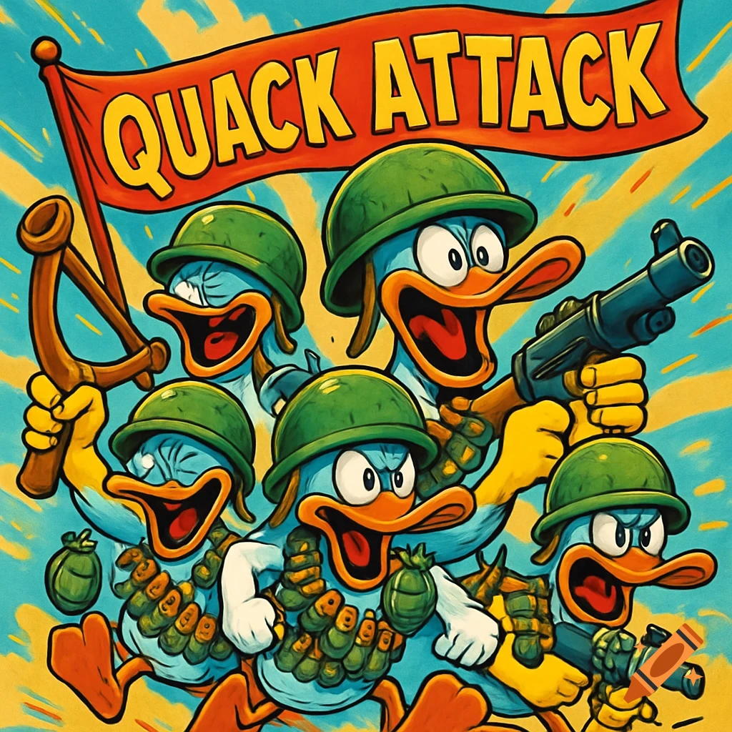 Cartoon illustration of an army of ducks with helmets and weapons, under a banner reading 'QUACK ATTACK', in a comic book style.