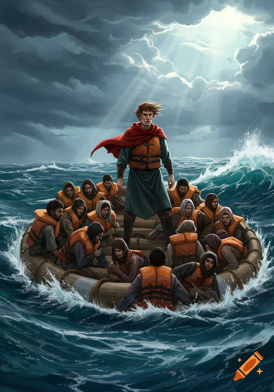 Illustration of a heroic figure in a red cape standing in a life raft with people on stormy seas, light shining through dark clouds.