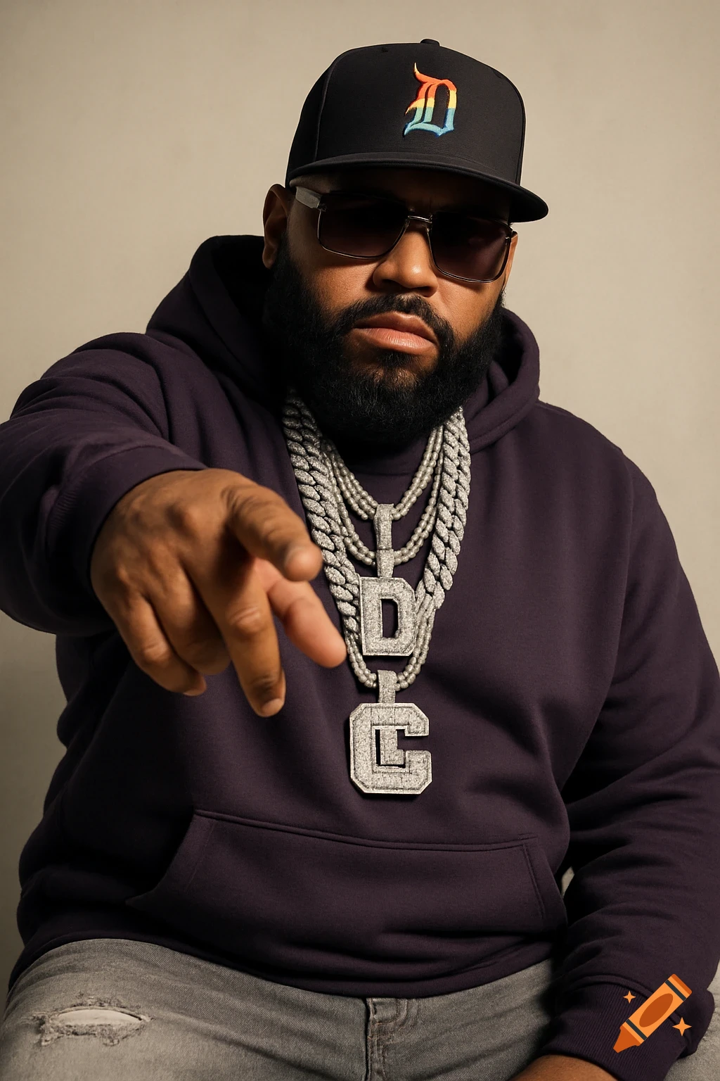A heavyset man with a beard and sunglasses wears a dark hoodie, distressed jeans, a cap with a rainbow 'D', and diamond chains with 'DC' pendants, pointing at the viewer.
