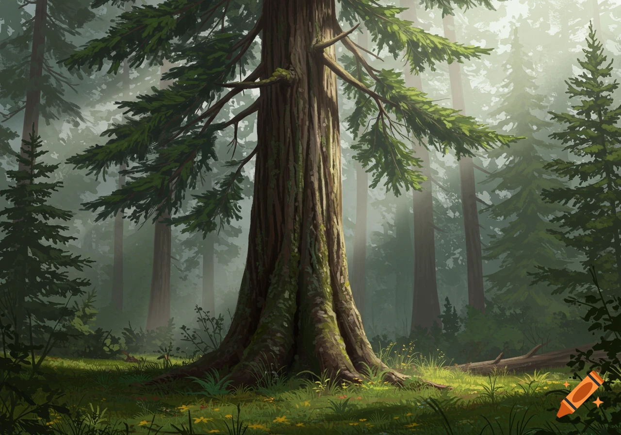 A large, mossy tree dominates a misty forest clearing with sunlit grass and smaller pine trees.