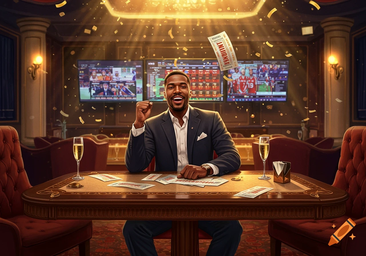 Smiling Black man in a suit celebrates a sports betting win at a fancy table with champagne and falling confetti.
