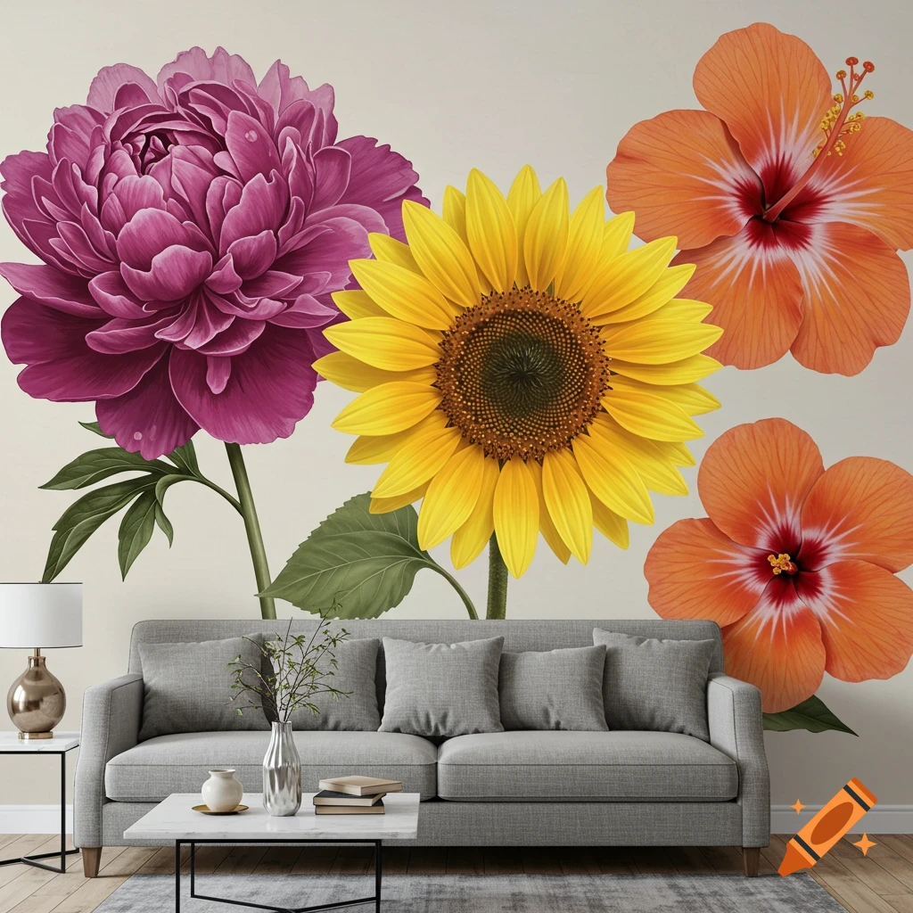 Mural of large, vibrant purple peony, yellow sunflower, and orange hibiscus flowers on a light wall above a grey couch in a living room.