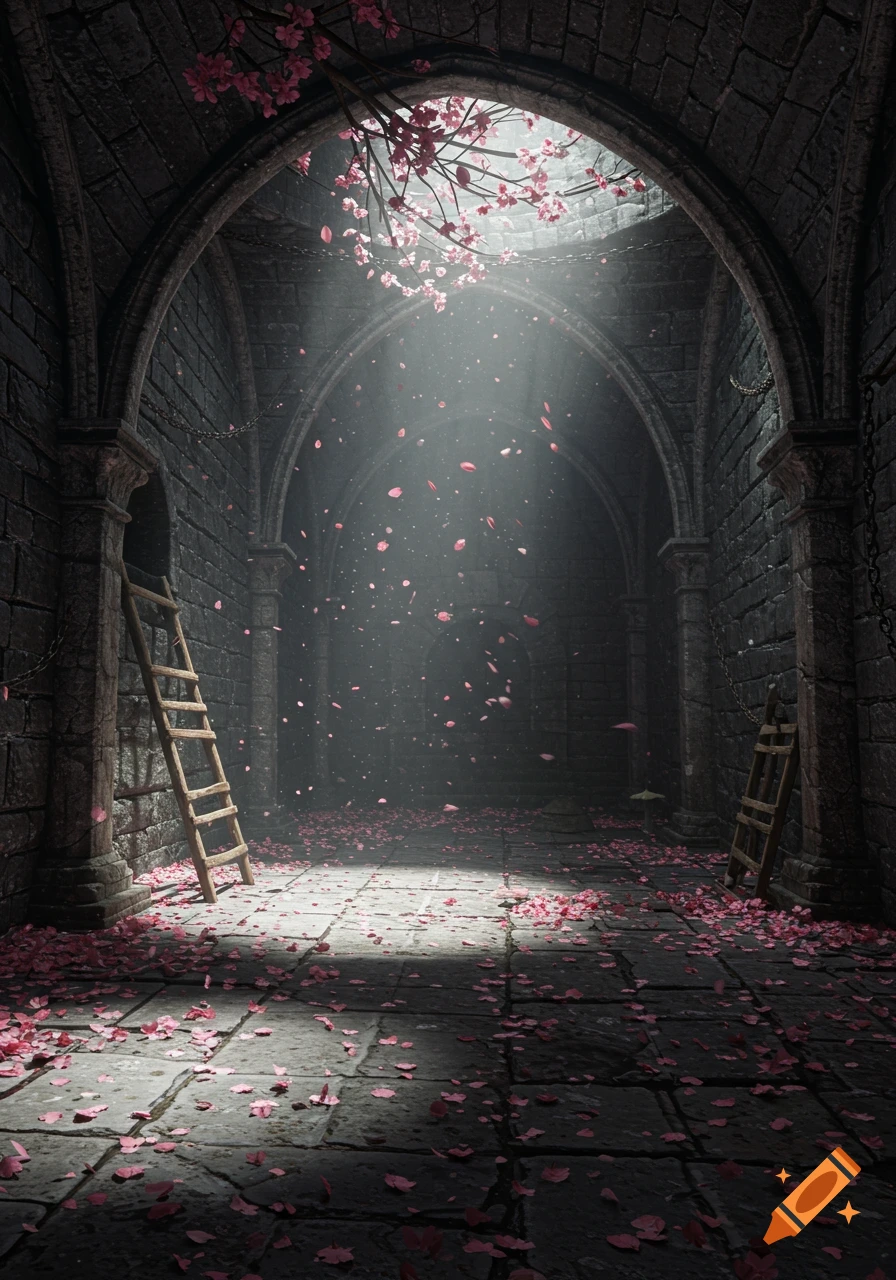 A dark, arched stone dungeon with light rays and falling pink cherry blossom petals. Two wooden ladders lean against pillars.