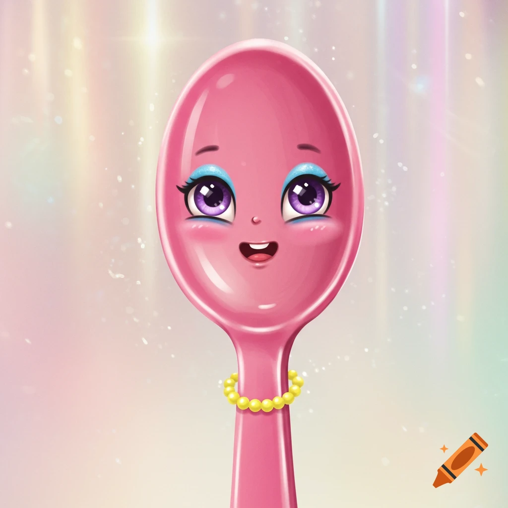 A cartoon pink spoon with a smiling face, blue eyeshadow, purple eyes, and a yellow pearl necklace.
