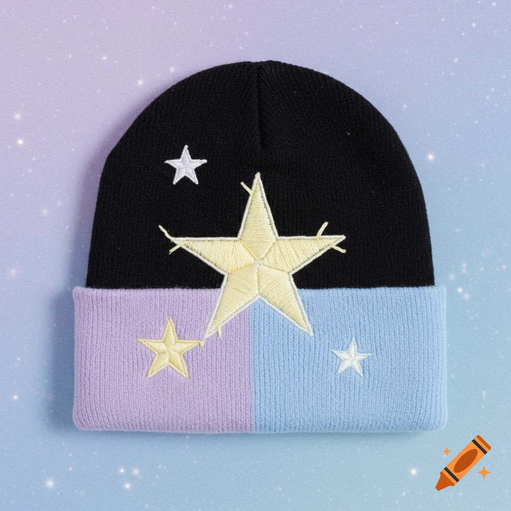 Black beanie with a lavender and baby blue cuff, featuring embroidered yellow and white stars on a sparkling background.