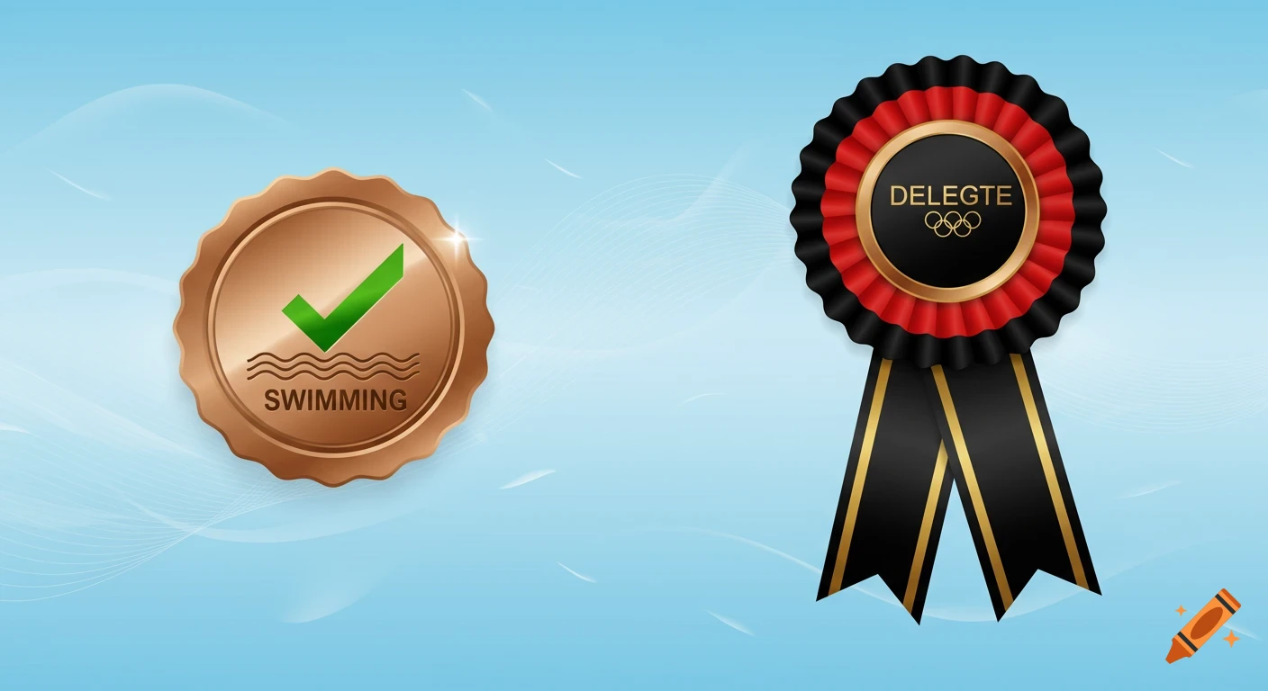 A bronze swimming badge with a green checkmark next to a black, red, and gold delegate ribbon on a light blue background.